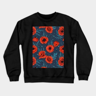 Poppies, red and blue on navy Crewneck Sweatshirt